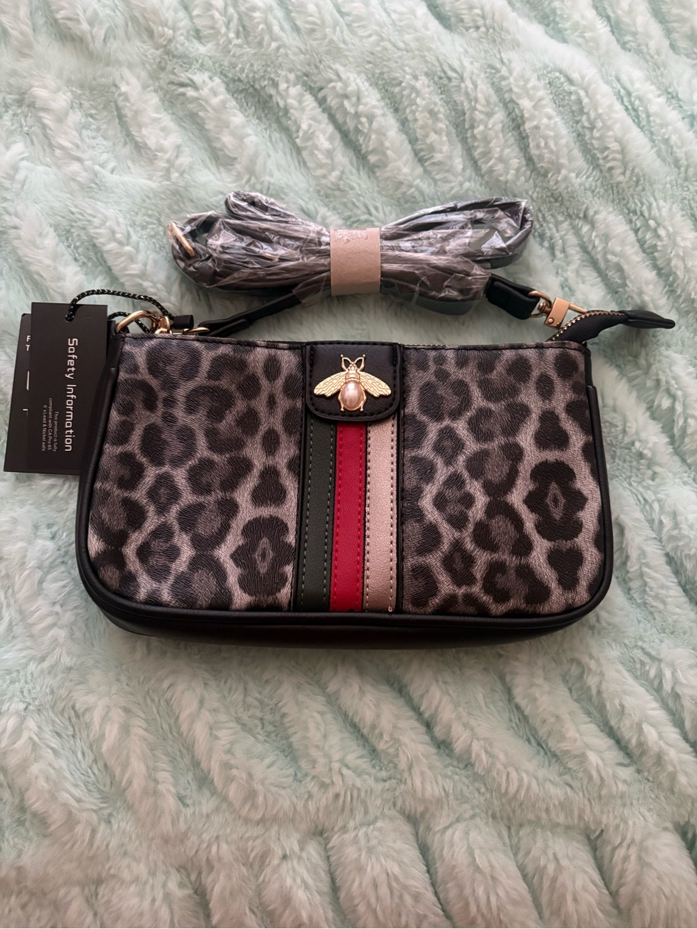 NWT Leopard Print Wristlet Clutch with Bee Accent - Black/Gray/Red